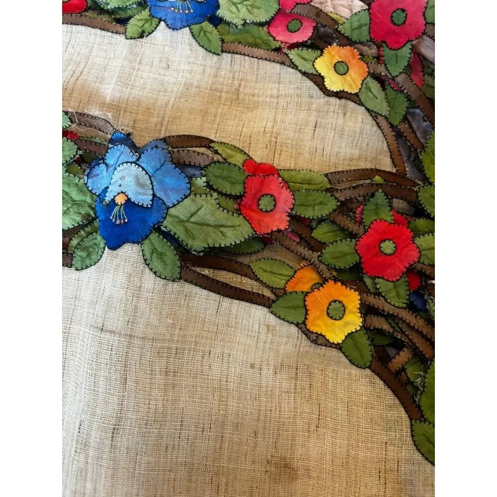 Vintage Floral Applique Linen Placemats Set of 8 Hand Embroidered Cutwork